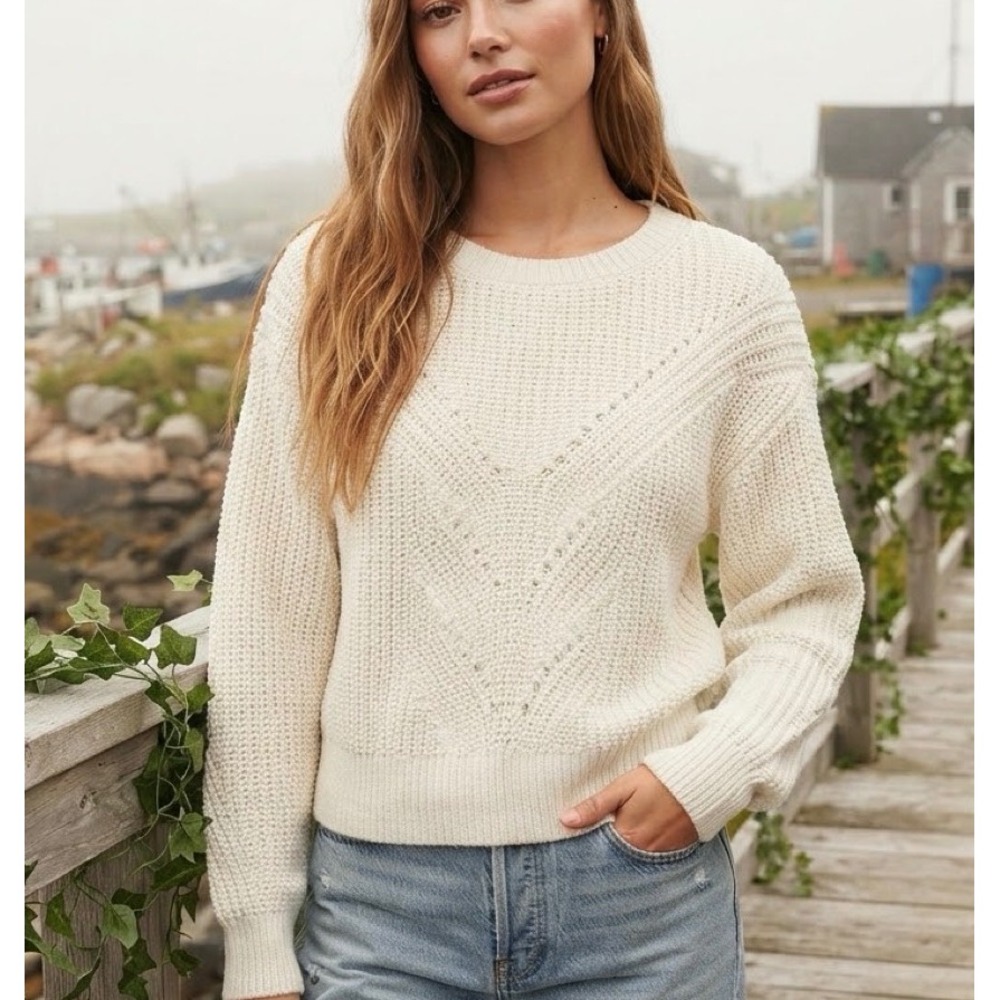 The Drop Cream Chunky Shaker Knit 100% Cotton Crewneck Sweater Medium